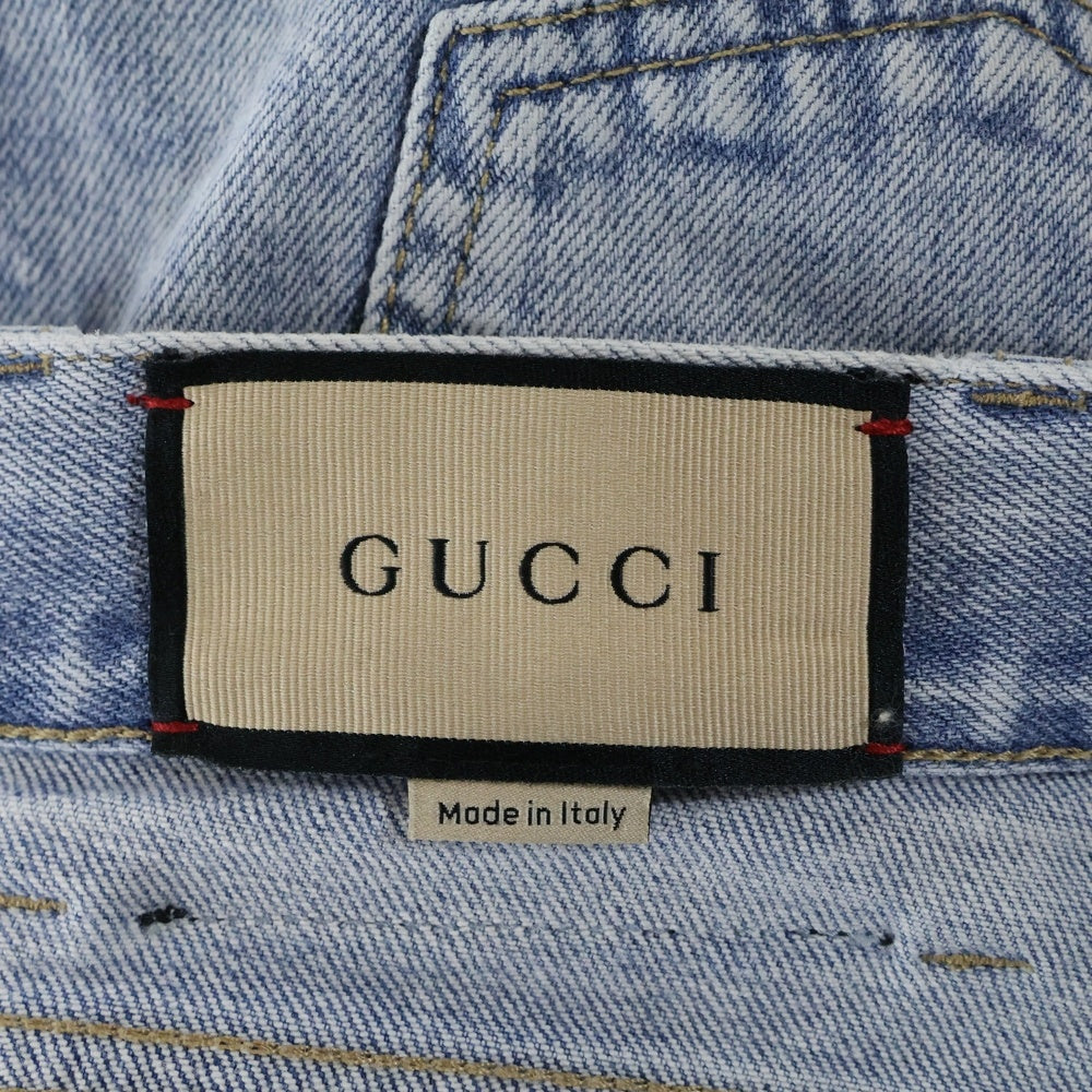 GUCCI(グッチ) ヴィンテージロゴプリント レザーパッチ ウォッシュ加工 ボタンフライ テーパード デニムパンツ ジーンズ インディゴ レディース 408637