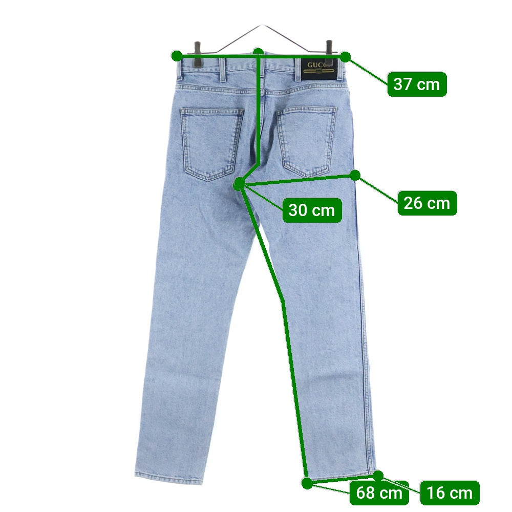 GUCCI(グッチ) ヴィンテージロゴプリント レザーパッチ ウォッシュ加工 ボタンフライ テーパード デニムパンツ ジーンズ インディゴ レディース 408637