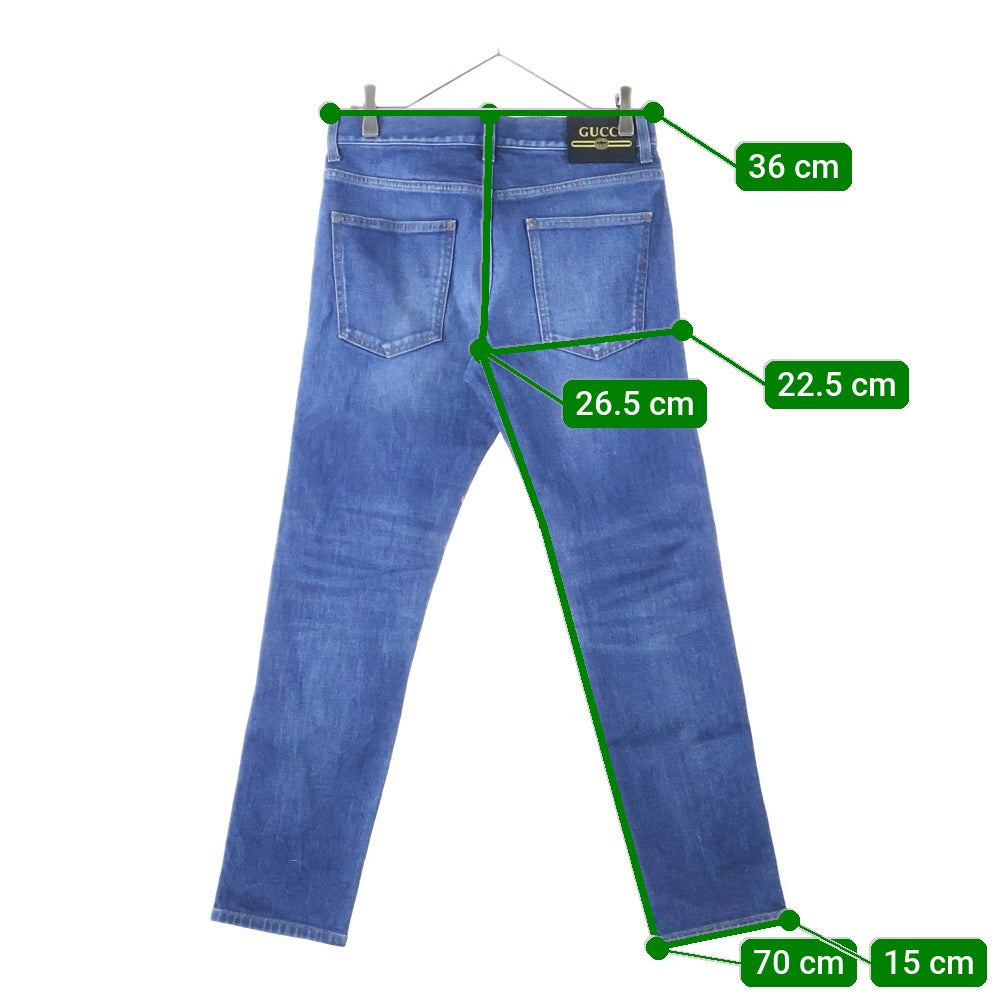 GUCCI(グッチ) ヴィンテージロゴ レザーパッチ ボタンフライ ウォッシュ加工 テーパード デニムパンツ ジーンズ インディゴ 408637