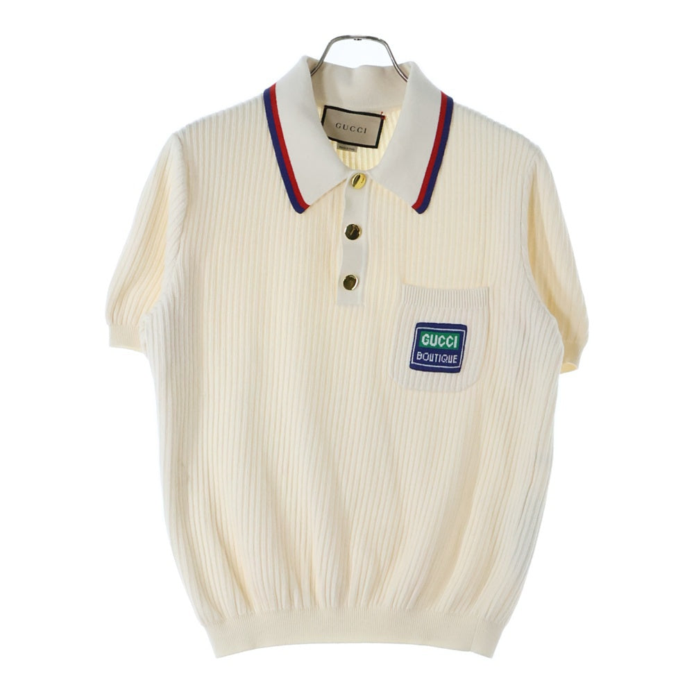 GUCCI(グッチ) ワッペンロゴ コットン リブニット 半袖 ポロシャツ セーター アイボリー 692863