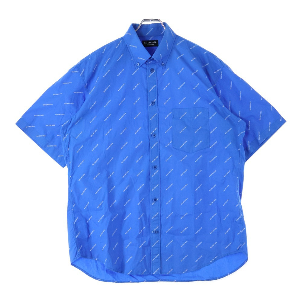 BALENCIAGA(バレンシアガ) 18SS ロゴ総柄 フロントポケット ボタンダウン半袖シャツ ホワイト/ブルー 534332 TBL96