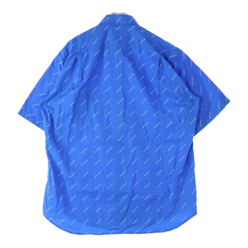 BALENCIAGA(バレンシアガ) 18SS ロゴ総柄 フロントポケット ボタンダウン半袖シャツ ホワイト/ブルー 534332 TBL96
