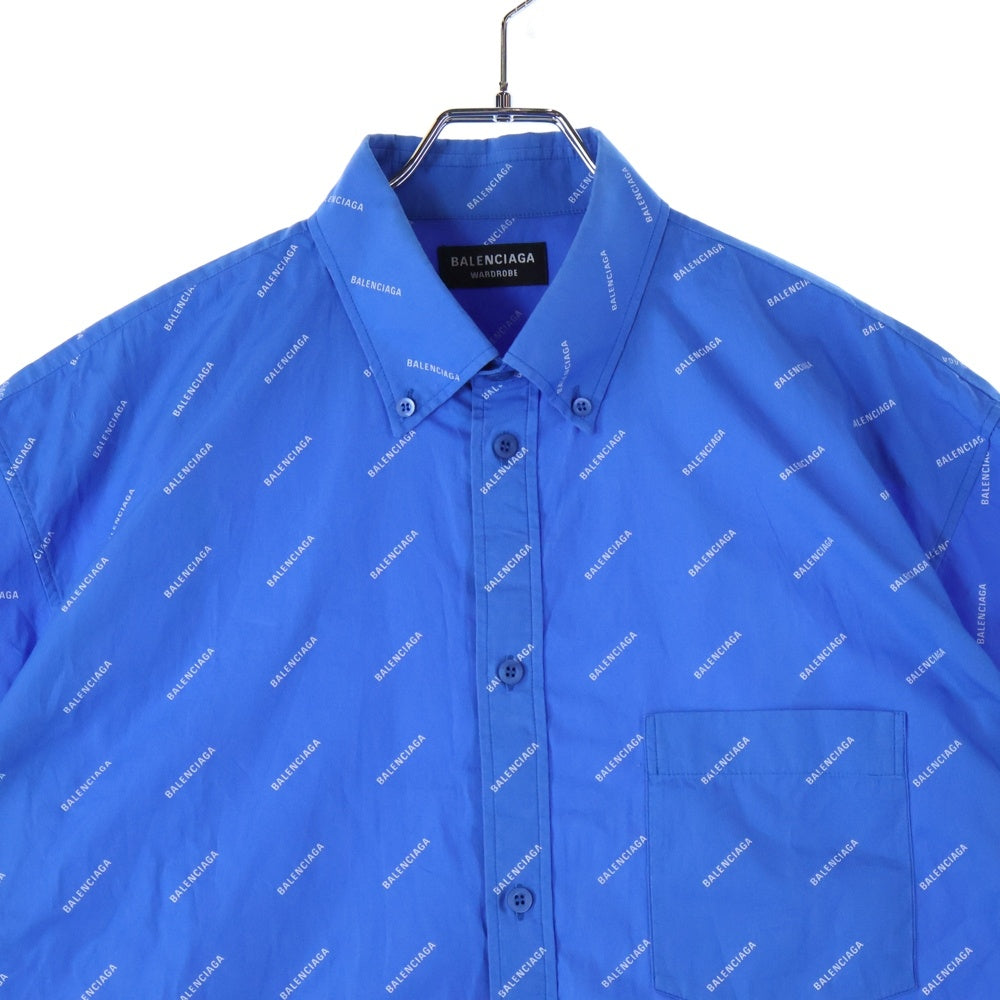 BALENCIAGA(バレンシアガ) 18SS ロゴ総柄 フロントポケット ボタンダウン半袖シャツ ホワイト/ブルー 534332 TBL96