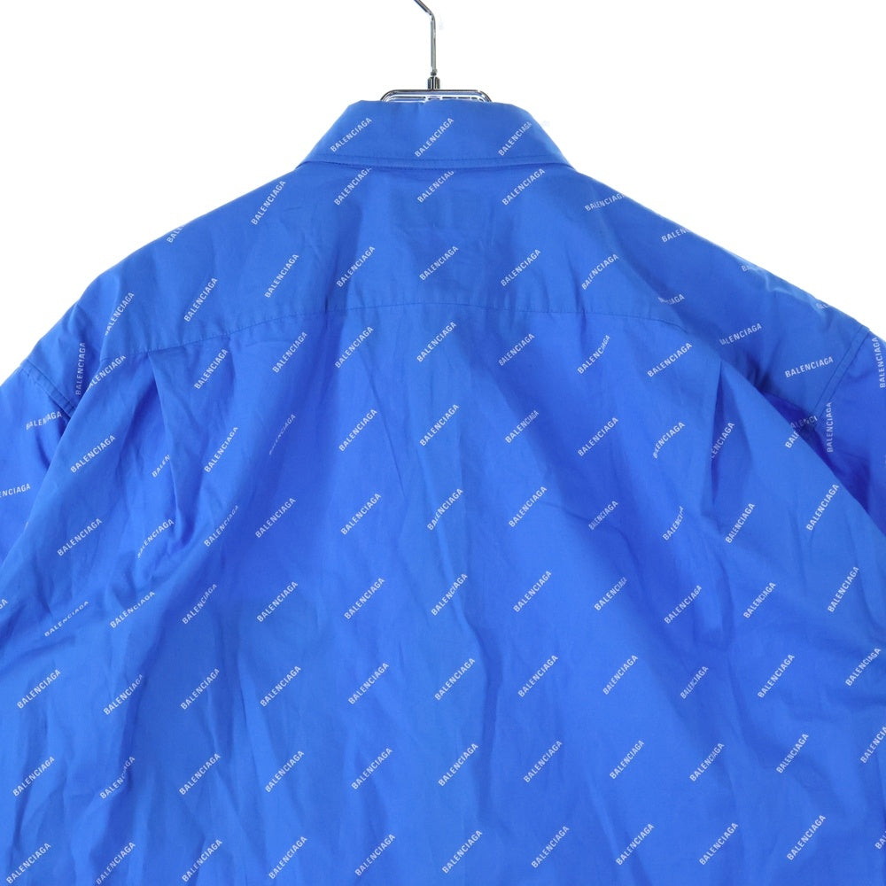BALENCIAGA(バレンシアガ) 18SS ロゴ総柄 フロントポケット ボタンダウン半袖シャツ ホワイト/ブルー 534332 TBL96