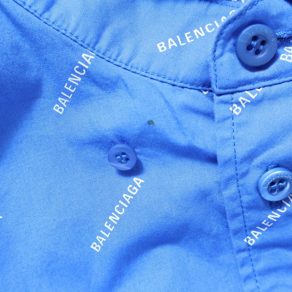 BALENCIAGA(バレンシアガ) 18SS ロゴ総柄 フロントポケット ボタンダウン半袖シャツ ホワイト/ブルー 534332 TBL96