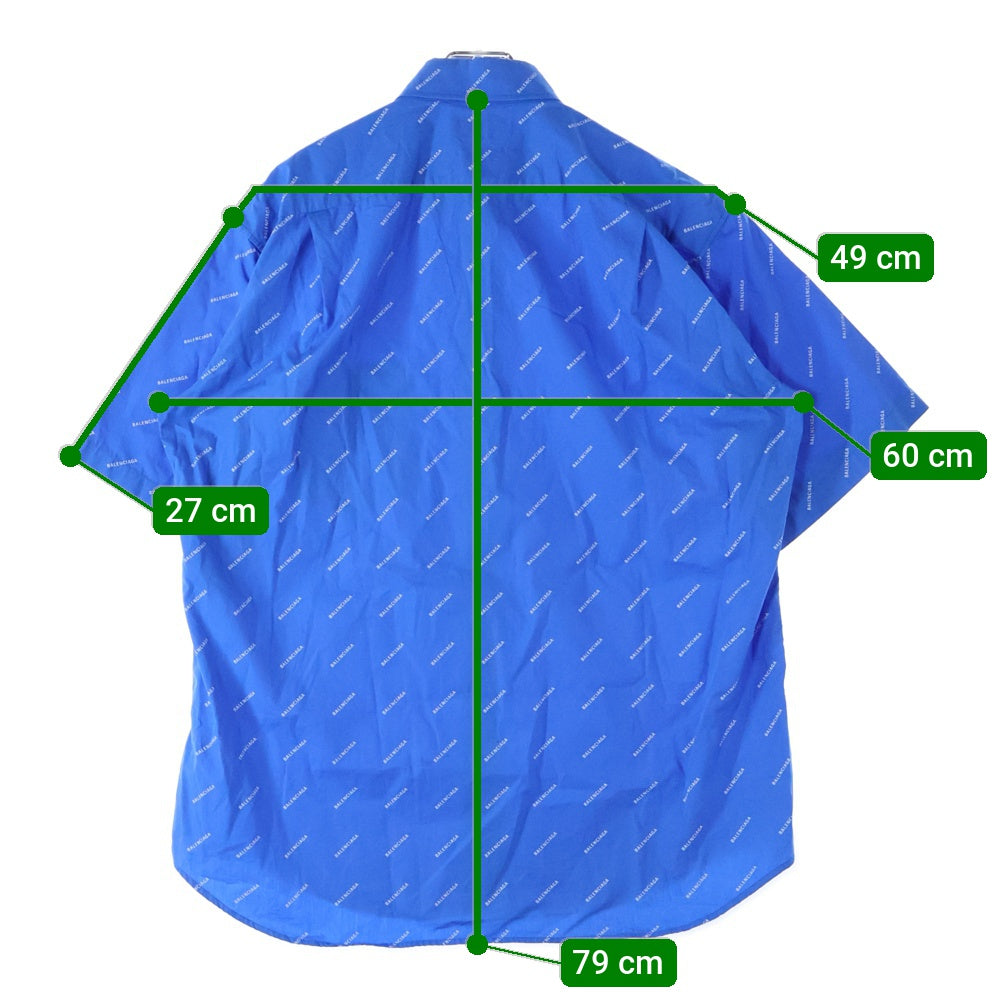 BALENCIAGA(バレンシアガ) 18SS ロゴ総柄 フロントポケット ボタンダウン半袖シャツ ホワイト/ブルー 534332 TBL96