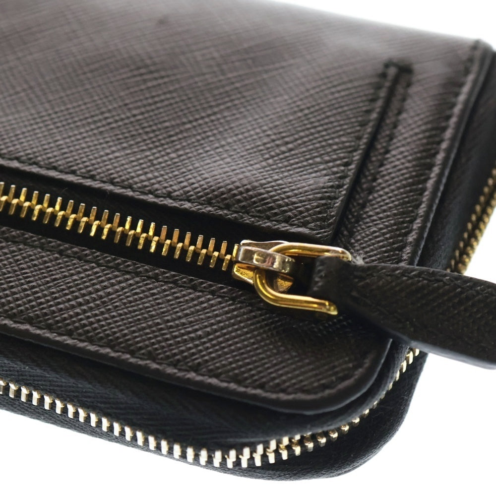 PRADA(プラダ) トライアングルロゴ サフィアーノ L字ファスナー コイン カードケース フラグメントケース ブラック レザー 1PP122 ゴールド金具
