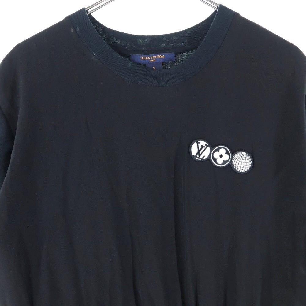 LOUIS VUITTON(ルイヴィトン) 20SS ワッペンロゴ モノグラム柄切り替え シルク ドローストリング クルーネック 半袖 カットソー ワンピース ブラック レディース RW201A JG2 FIDB16