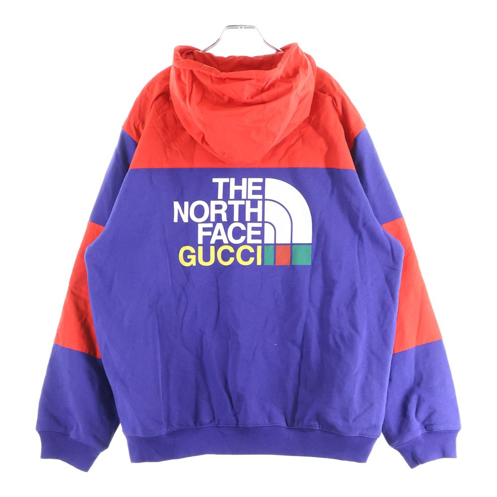 GUCCI(グッチ) 21AW バックロゴプリント バイカラー ナイロン切り替え ジップアップ スウェットパーカー フーディー レッド/ブルー 671462
