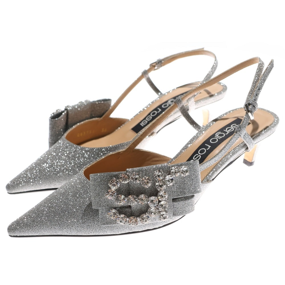 Sergio Rossi(セルジオロッシ) SR ICONA ビジューロゴ ラメグリッター ポインテッドトゥ ストラップ ヒール パンプス シューズ シルバー レディース