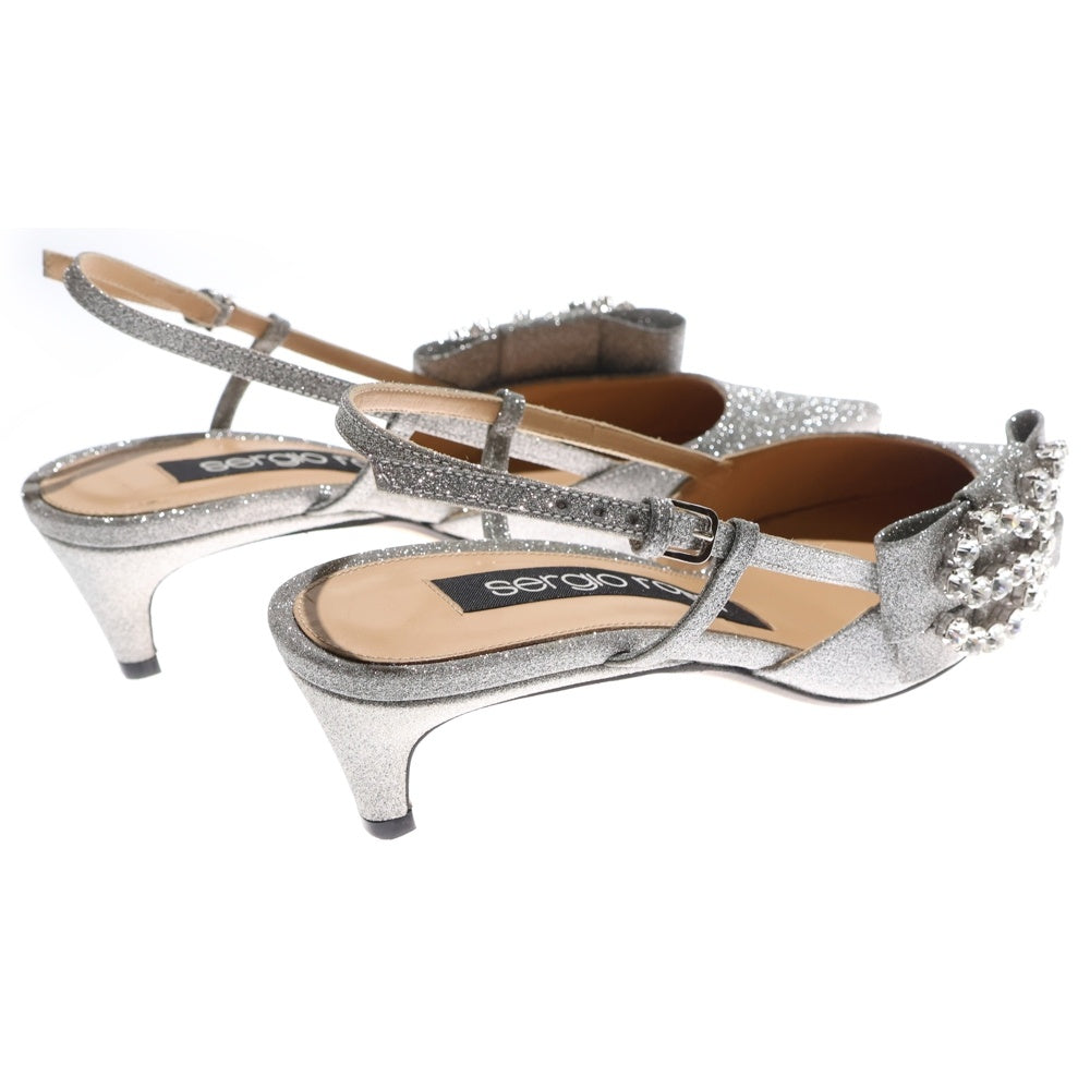 Sergio Rossi(セルジオロッシ) SR ICONA ビジューロゴ ラメグリッター ポインテッドトゥ ストラップ ヒール パンプス シューズ シルバー レディース