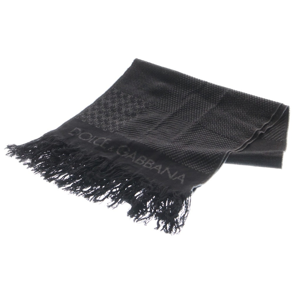 DOLCE & GABBANA(ドルチェアンドガッバーナ) ロゴ 総柄ジャガード ウール ニット フリンジマフラー ブラック/グレー レディース