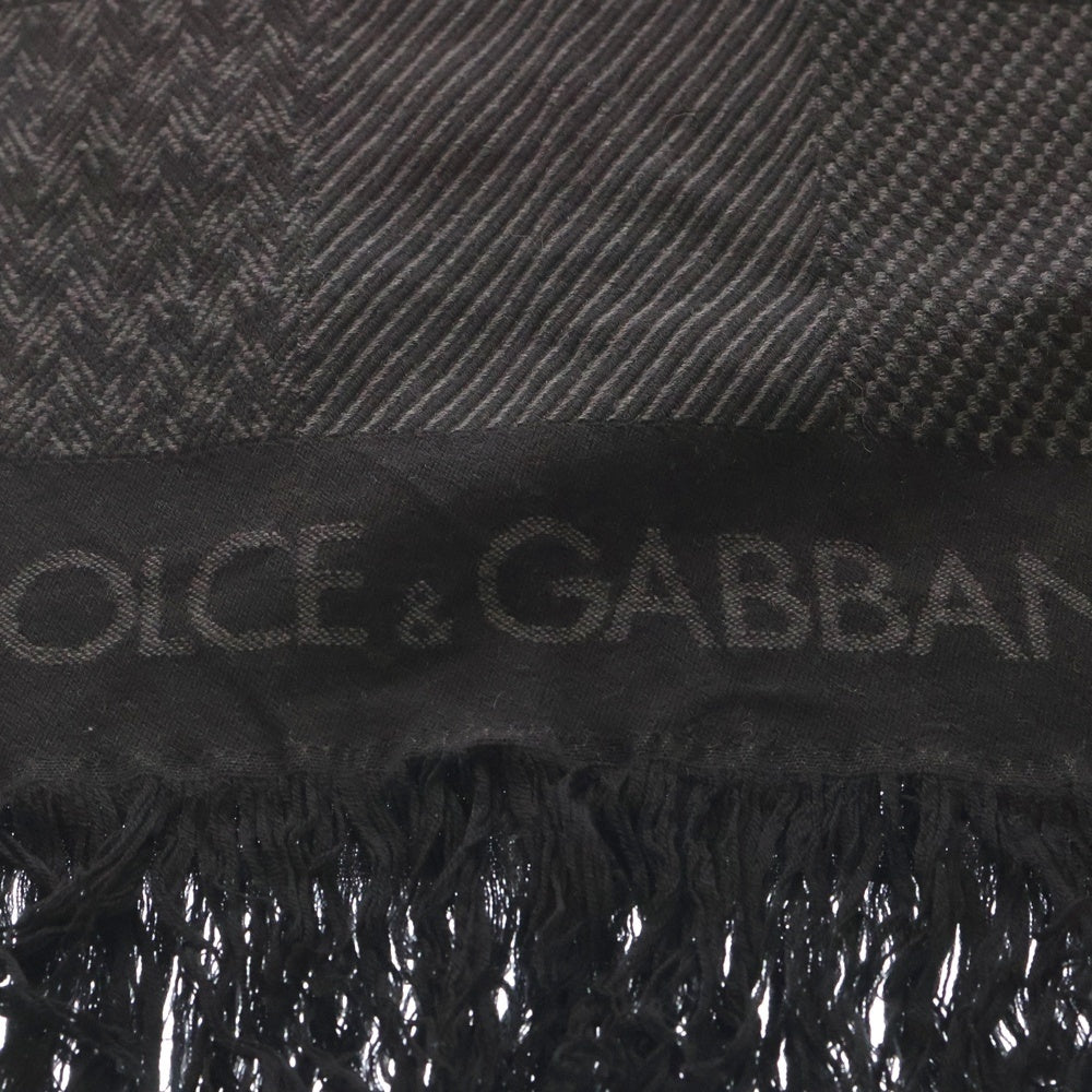 DOLCE & GABBANA(ドルチェアンドガッバーナ) ロゴ 総柄ジャガード ウール ニット フリンジマフラー ブラック/グレー レディース