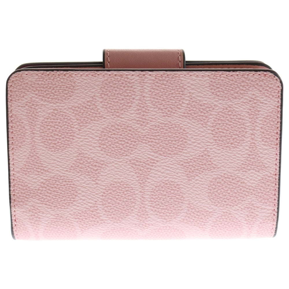 COACH(コーチ) シグネチャーロゴ コンパクトウォレット 三つ折り財布 コインケース ピンク PVC レザー ゴールド金具 レディース