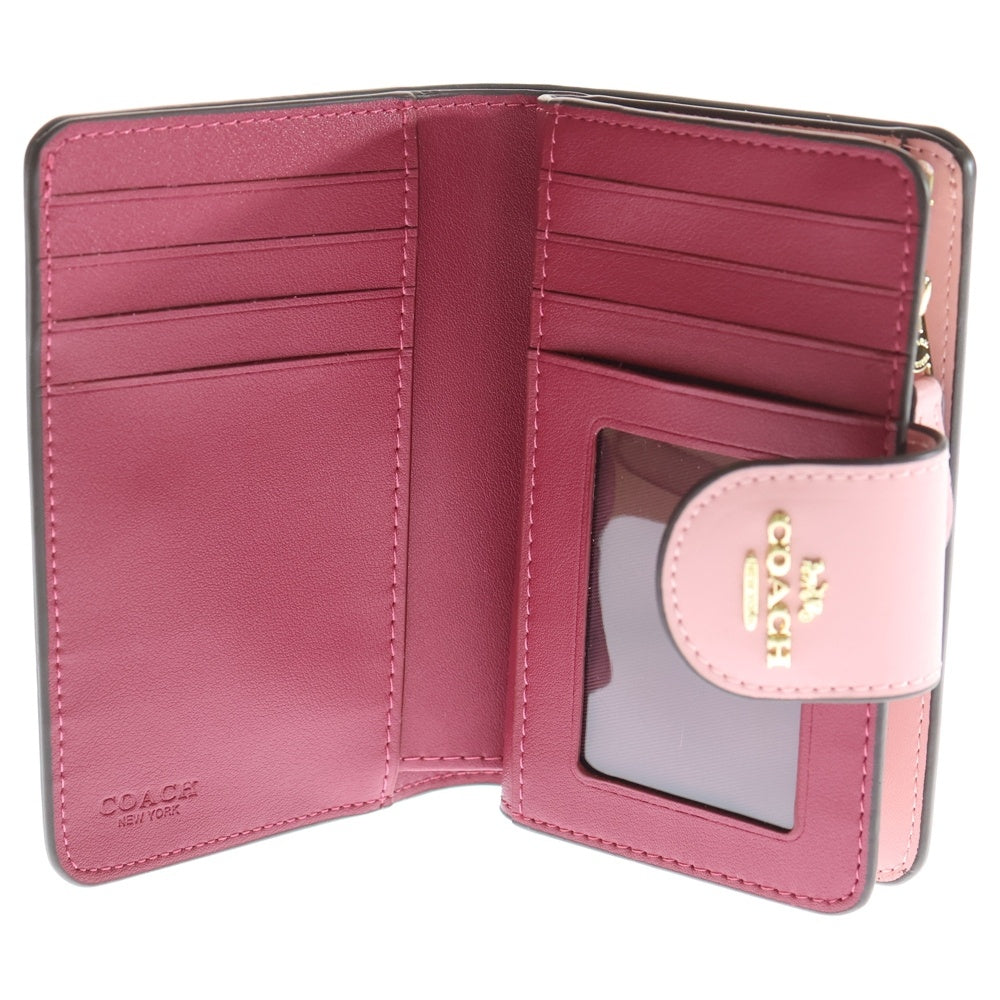 COACH(コーチ) シグネチャーロゴ コンパクトウォレット 三つ折り財布 コインケース ピンク PVC レザー ゴールド金具 レディース