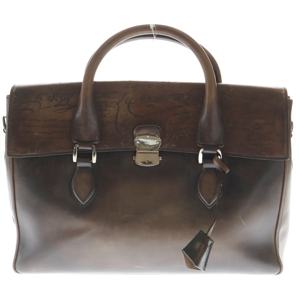 Berluti(ベルルッティ) エミーオ カリグラフィ スクリットレザー 2WAY ハンド ショルダー ビジネスバッグ ブリーフケース シルバー金具 ブラウン レディース