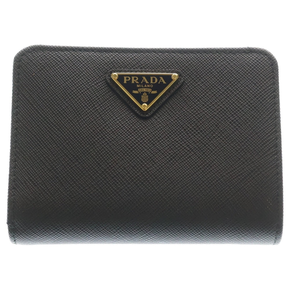 PRADA(プラダ) トライアングルロゴ サフィアーノレザー L字ファスナー コンパクトウォレット 財布 コインケース ブラック 1ML018 ゴールド金具 レディース
