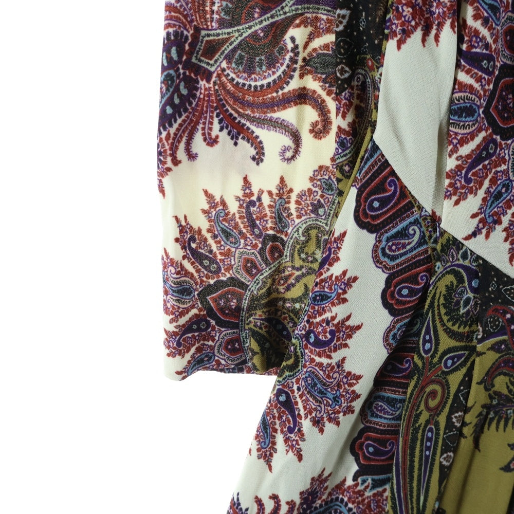 ETRO(エトロ) ペイズリー柄 長袖 ドレープ ロングワンピース ドレス カーキ×マルチカラー 46 レディース