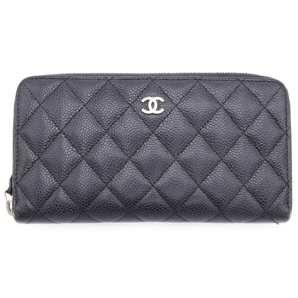 CHANEL(シャネル) マトラッセ ラウンドファスナー長財布 ロングウォレット カードケース ブラック キャビアスキン シルバー金具 レディース