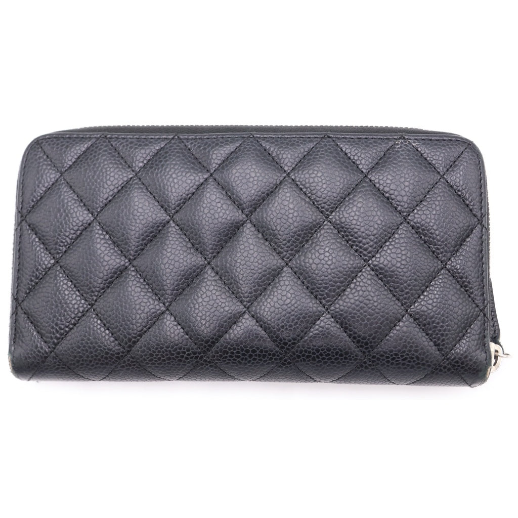 CHANEL(シャネル) マトラッセ ラウンドファスナー長財布 ロングウォレット カードケース ブラック キャビアスキン シルバー金具 レディース