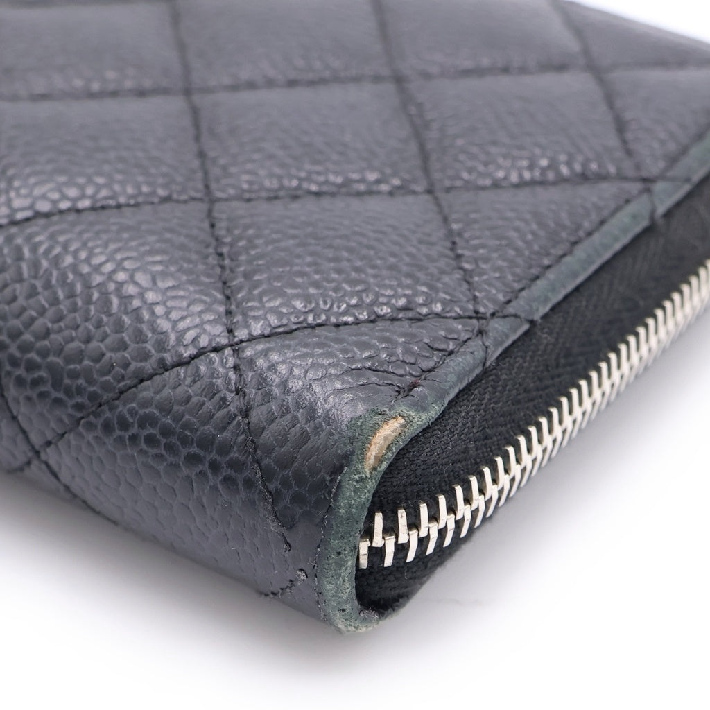 CHANEL(シャネル) マトラッセ ラウンドファスナー長財布 ロングウォレット カードケース ブラック キャビアスキン シルバー金具 レディース