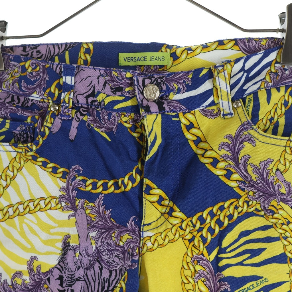 VERSACE(ヴェルサーチ) VERSACE JEANS 総柄 ポリエステル コットンパンツ チェーン 虎 イエロー/ブルー/パープル 943 932 833 927 レディース