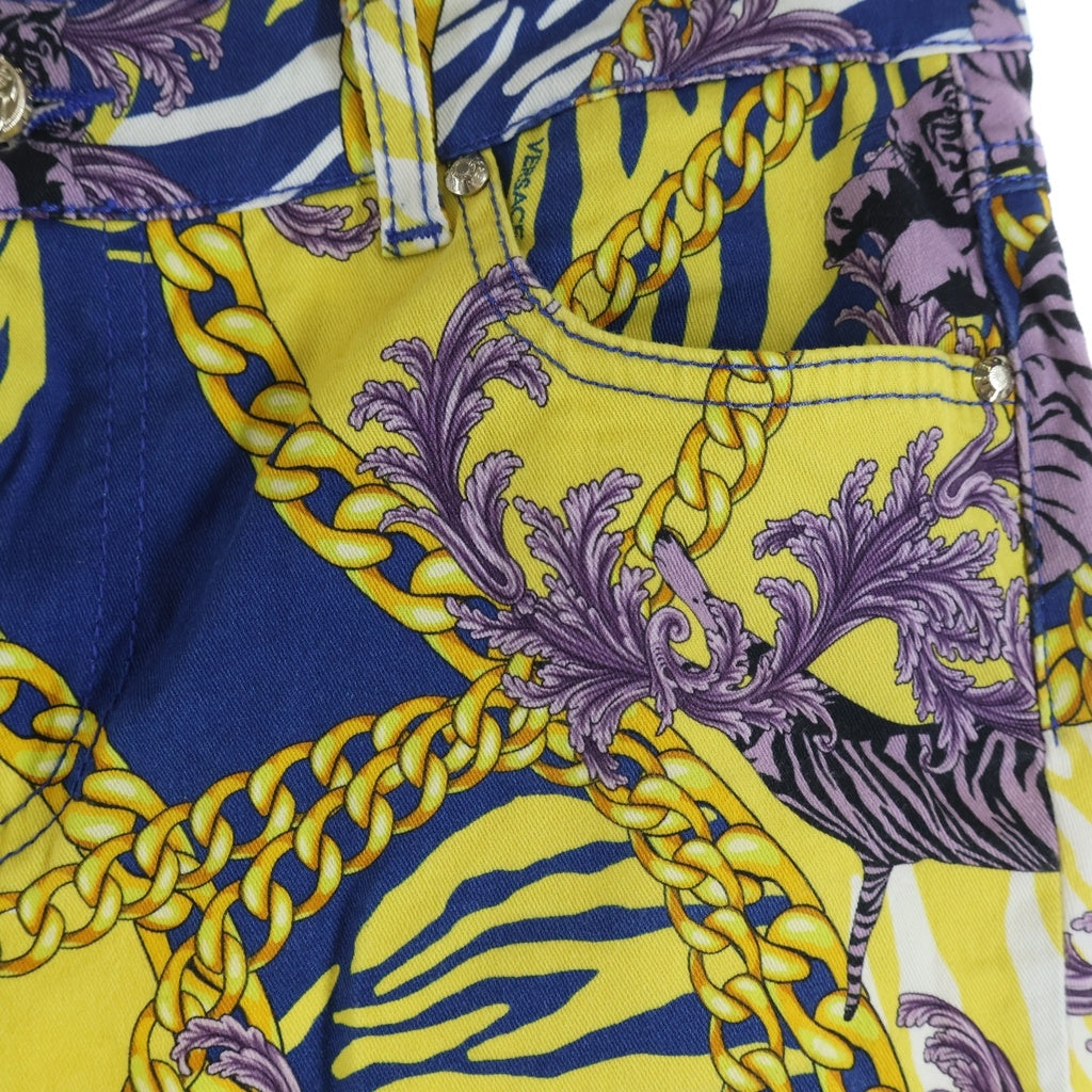 VERSACE(ヴェルサーチ) VERSACE JEANS 総柄 ポリエステル コットンパンツ チェーン 虎 イエロー/ブルー/パープル 943 932 833 927 レディース