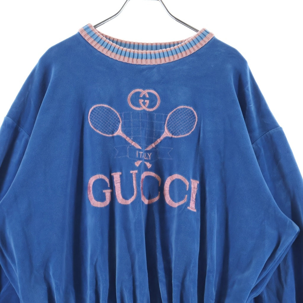 GUCCI(グッチ) テニスロゴモチーフ 刺繍 ベロア コットン スウェット プルオーバー トップス #S ブルー レディース