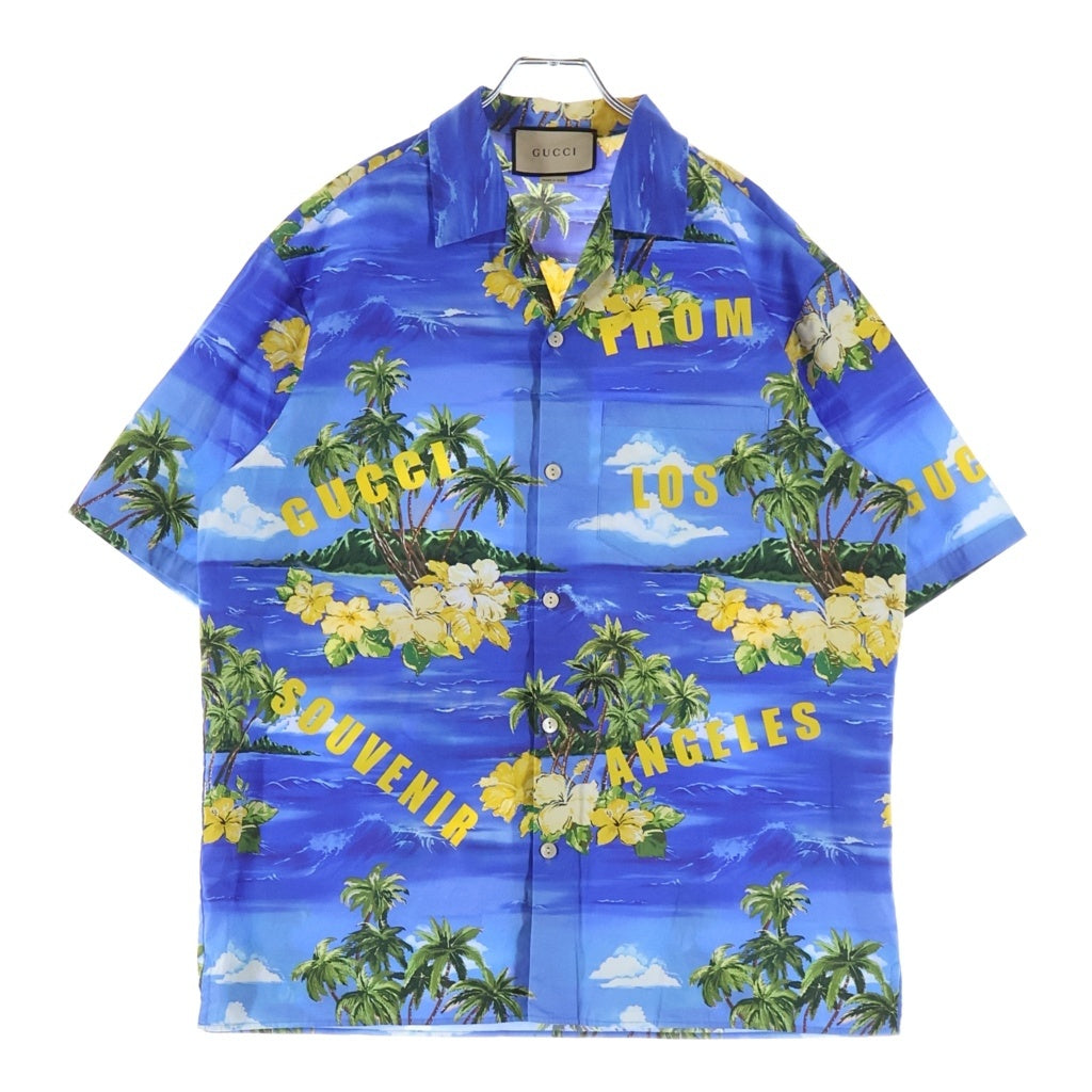 GUCCI(グッチ) 22SS パームツリープリント ポプリンボーリング 半袖シャツ コットン ブルー 694124 ZAJSR