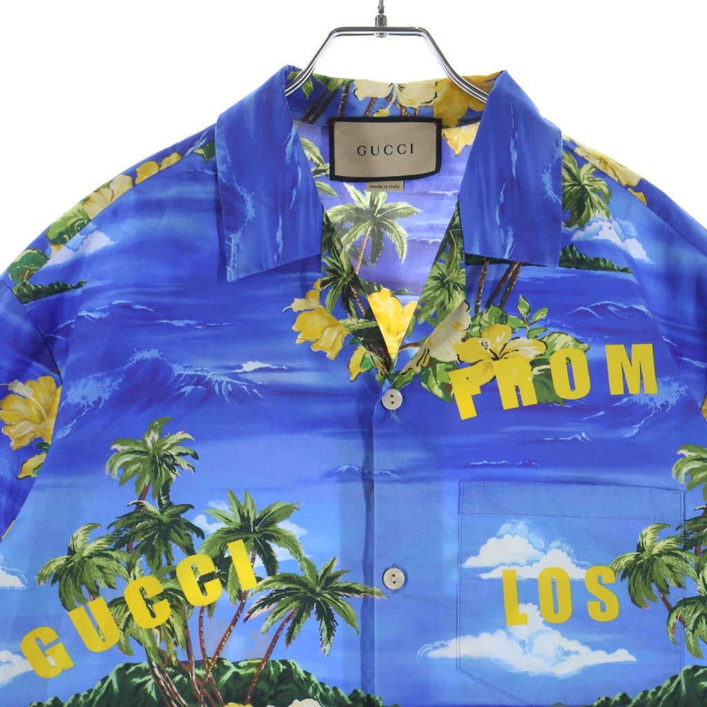 GUCCI(グッチ) 22SS パームツリープリント ポプリンボーリング 半袖シャツ コットン ブルー 694124 ZAJSR