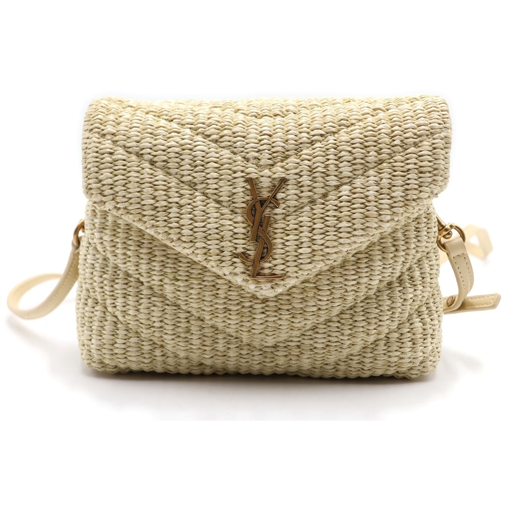 YVES SAINT LAURENT(イヴサンローラン) YSL モノグラム ポーチ ショルダーバッグ カゴバッグ ベージュ ラフィア 467072 ゴールド金具 レディース