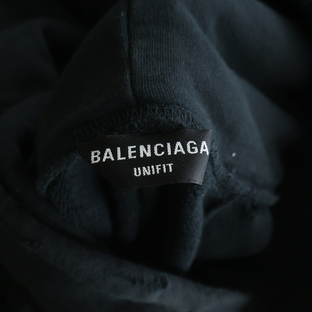 BALENCIAGA(バレンシアガ) ダメージ メタルロゴ コットン オーバーサイズパーカー フーデッド パーカー #4 ブラック 697879