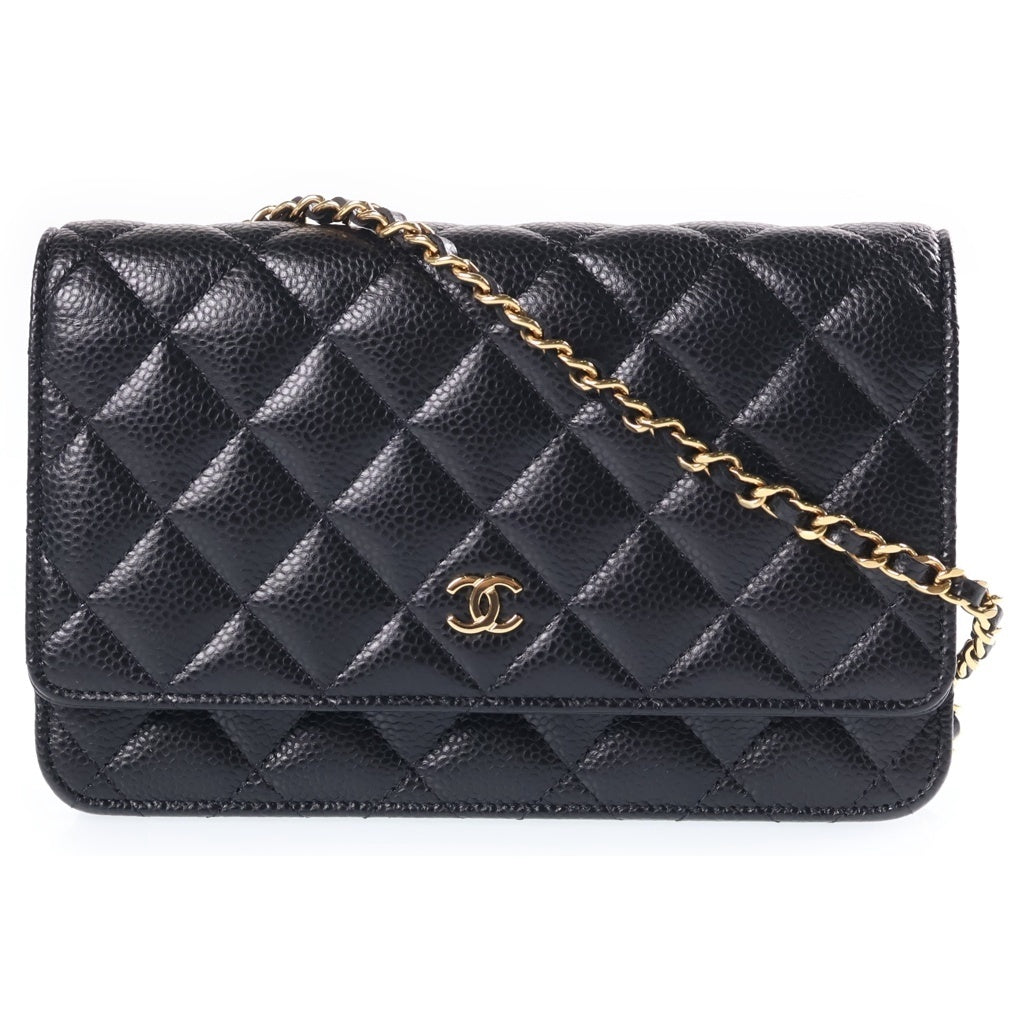 CHANEL(シャネル) ココマーク マトラッセ キャビアスキン ゴールド金具 チェーンウォレット ショルダーバッグ ランダムプレート ブラック AP0250 レディース