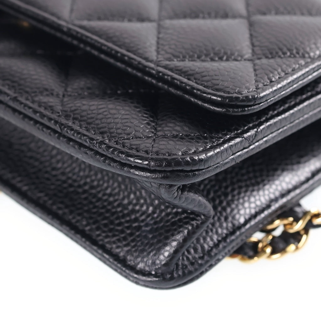 CHANEL(シャネル) ココマーク マトラッセ キャビアスキン ゴールド金具 チェーンウォレット ショルダーバッグ ランダムプレート ブラック AP0250 レディース