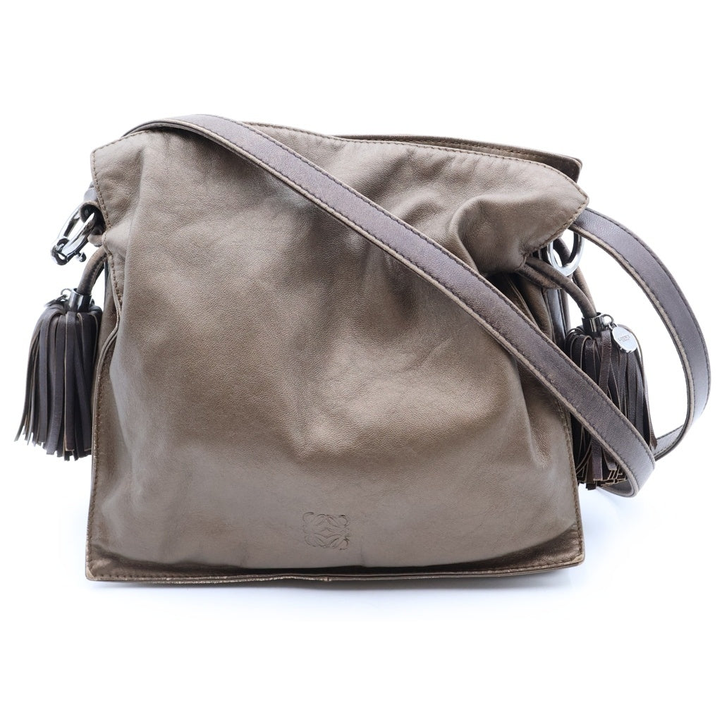 LOEWE(ロエベ) アナグラム フラメンコ フリンジ ショルダーバッグ ブラウン レザー シルバー金具 レディース