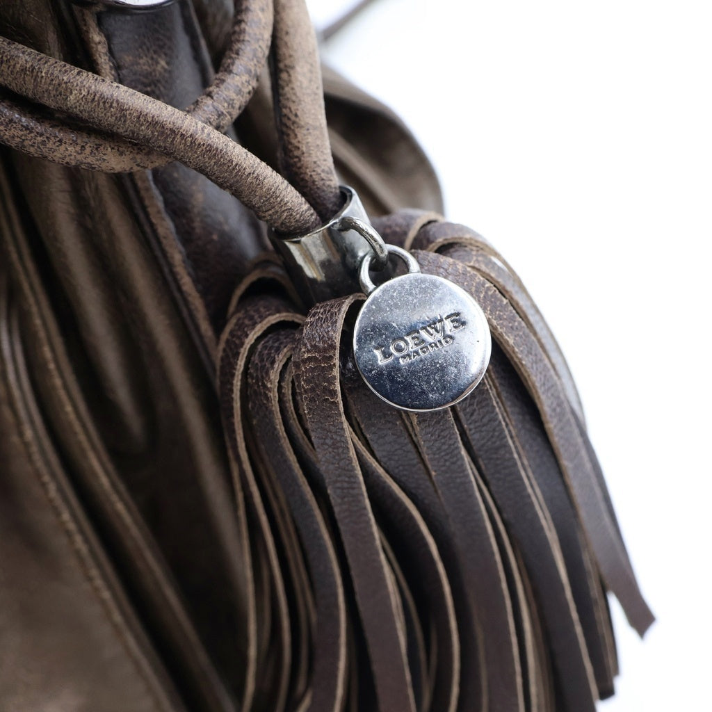 LOEWE(ロエベ) アナグラム フラメンコ フリンジ ショルダーバッグ ブラウン レザー シルバー金具 レディース