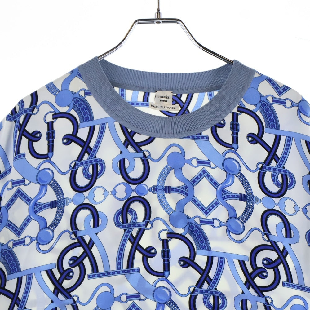 HERMES(エルメス) チェーン 馬具 総柄プリント シルク スカーフ クルーネック 半袖 Tシャツ カットソー ブルー/ホワイト レディース 2E0626DL