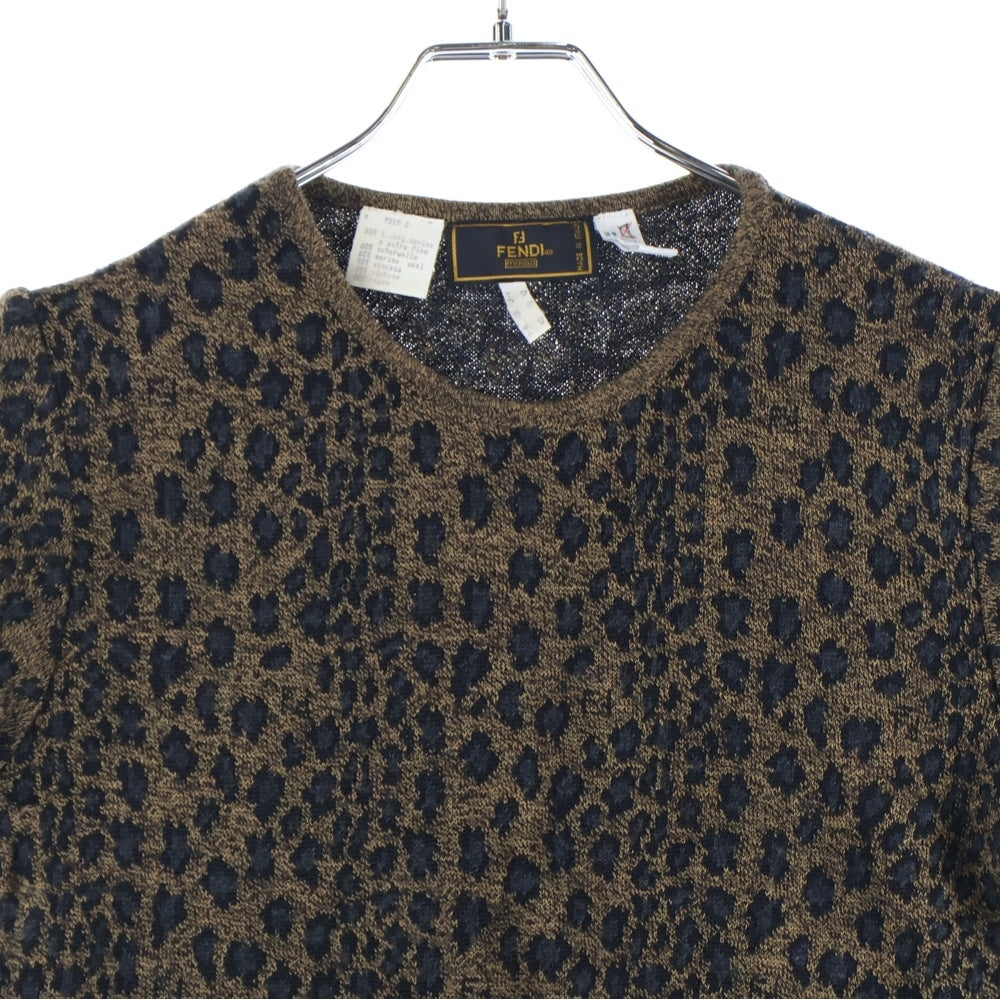 FENDI(フェンディ) レオパード総柄 FFロゴ ウール クルーネック 半袖ニット カットソー ブラウン レディース