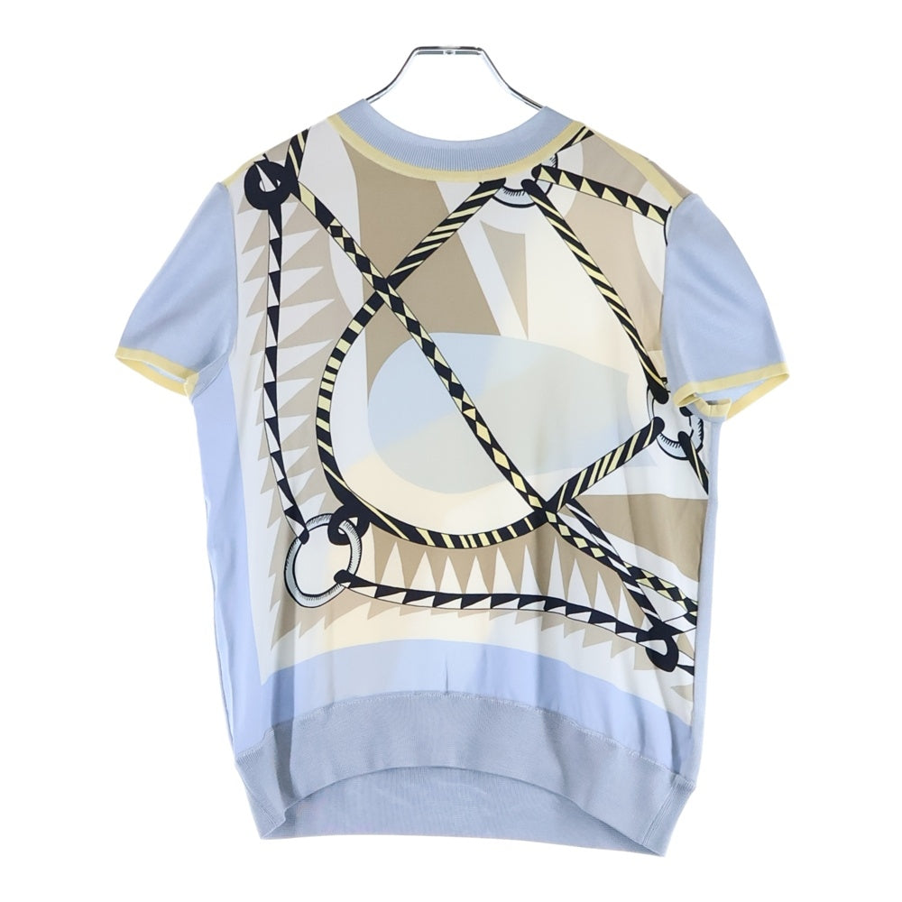 HERMES(エルメス) 総柄プリント シルク スカーフ 切り替え クルーネック 半袖ニット セーター ライトブルー/ベージュ レディース 3H2824DJ