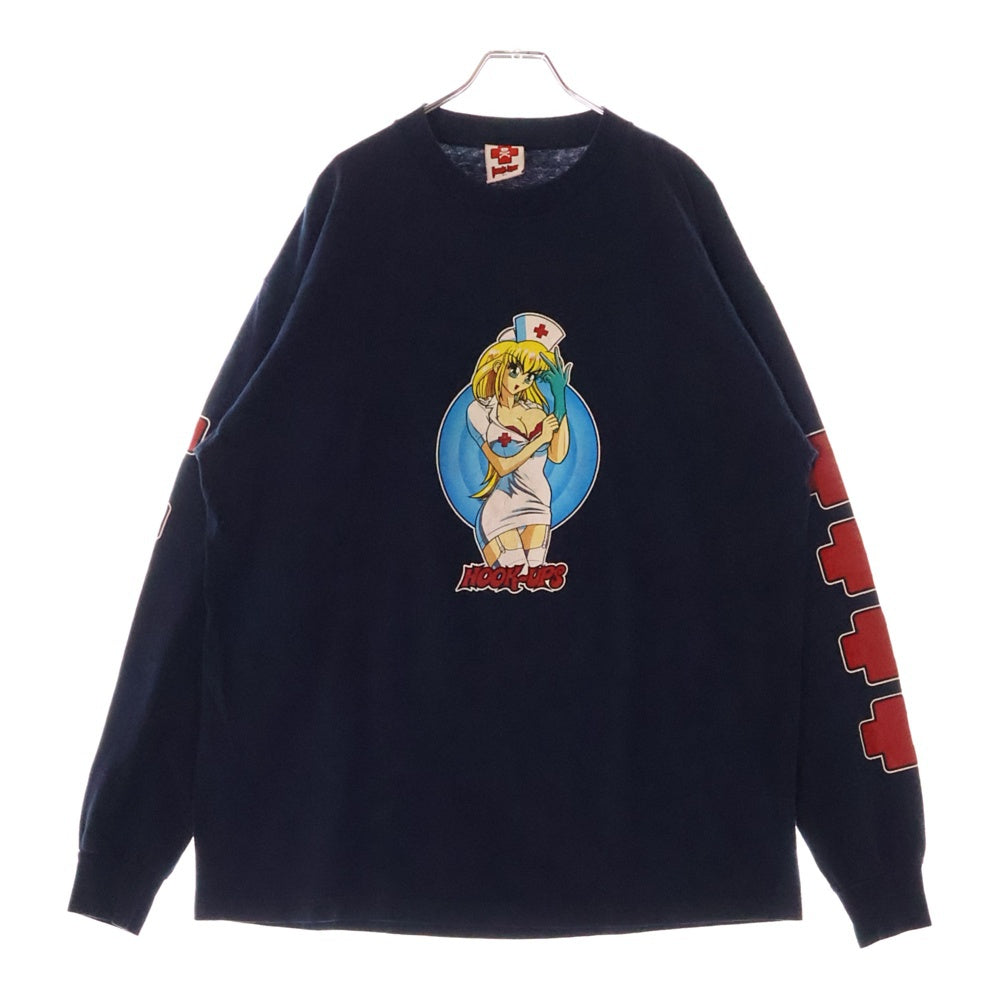 VINTAGE(ヴィンテージ) 90s HOOK UPS L/S フックアップス ロングスリーブ アームプリント Tシャツ 長袖カットソー ネイビー