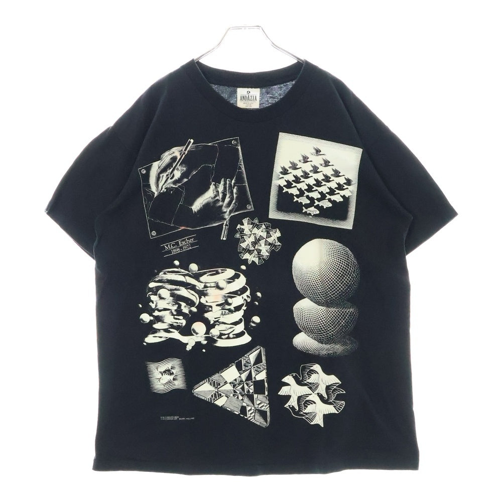 VINTAGE(ヴィンテージ) 90s M.C. ESCHER MULTI ART エッシャー フロント プリント Tシャツ 半袖カットソー ブラック