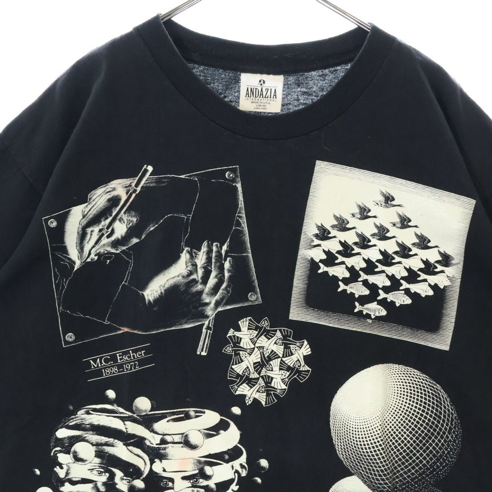 VINTAGE(ヴィンテージ) 90s M.C. ESCHER MULTI ART エッシャー フロント プリント Tシャツ 半袖カットソー ブラック