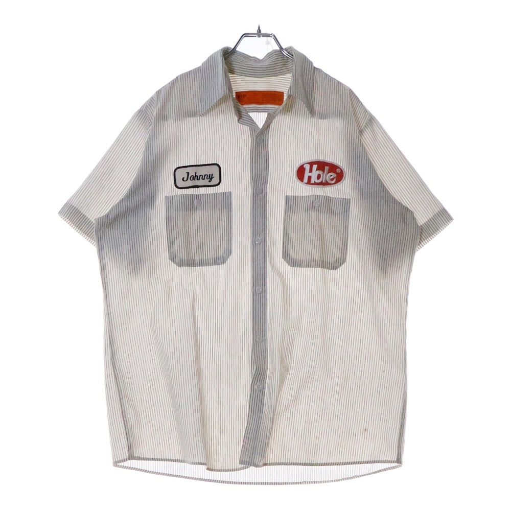 VINTAGE(ヴィンテージ) 90-00s U1ST UNIFIRST HOLE PATCH WORK SHIRTS ユニファースト ホール パッチ ストライプ ワークシャツ 半袖シャツ ホワイト