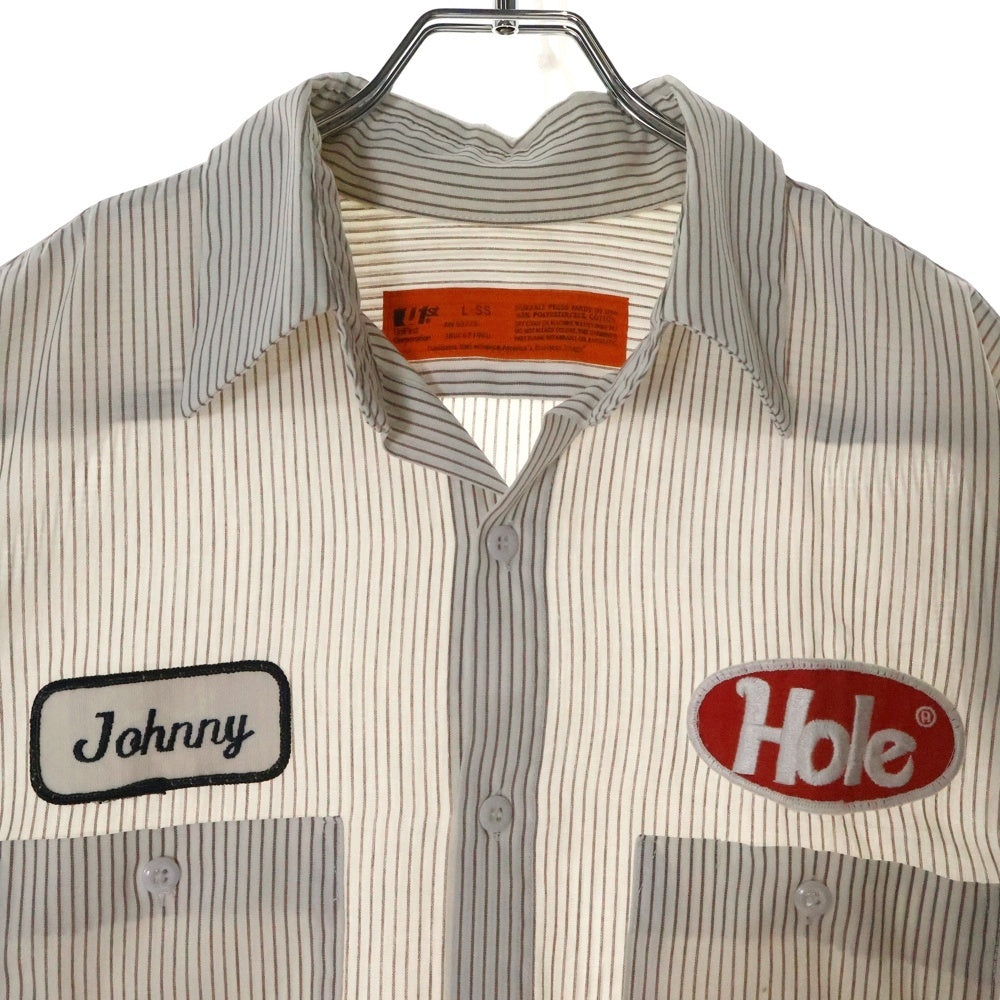 VINTAGE(ヴィンテージ) 90-00s U1ST UNIFIRST HOLE PATCH WORK SHIRTS ユニファースト ホール パッチ ストライプ ワークシャツ 半袖シャツ ホワイト