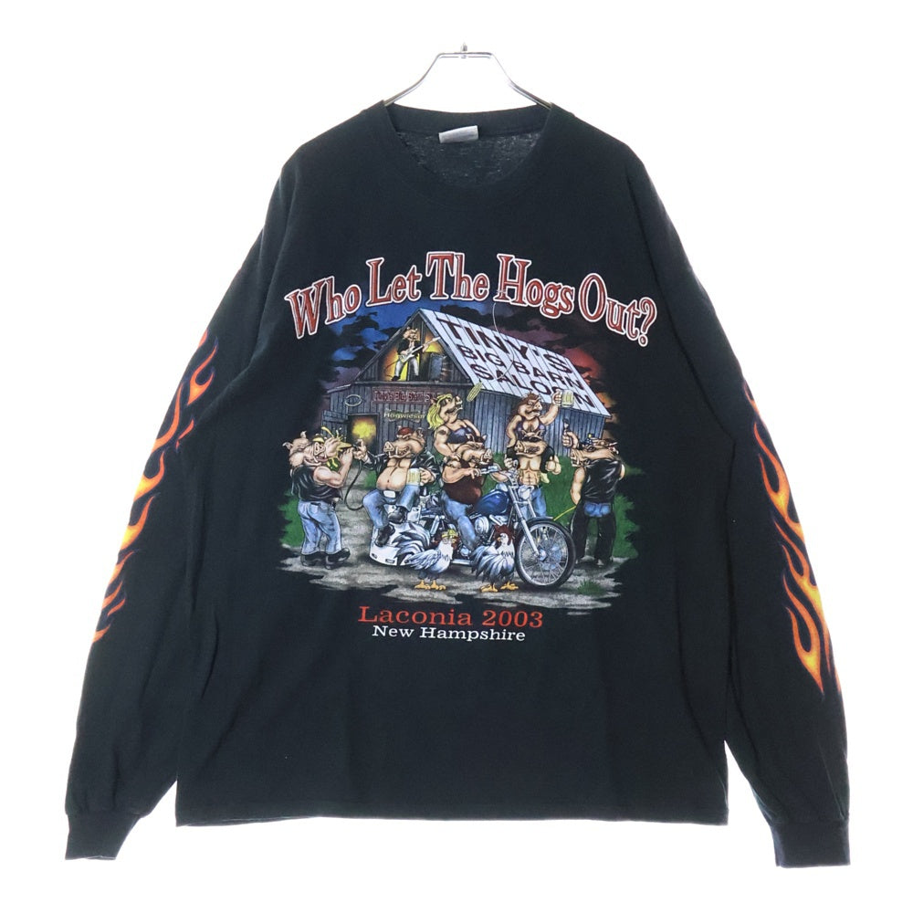 VINTAGE(ヴィンテージ) 00s LACONOA BALLY&RACES Who Let The Hogs Out L/S バイカー 袖フレイム Tシャツ 長袖カットソー ブラック
