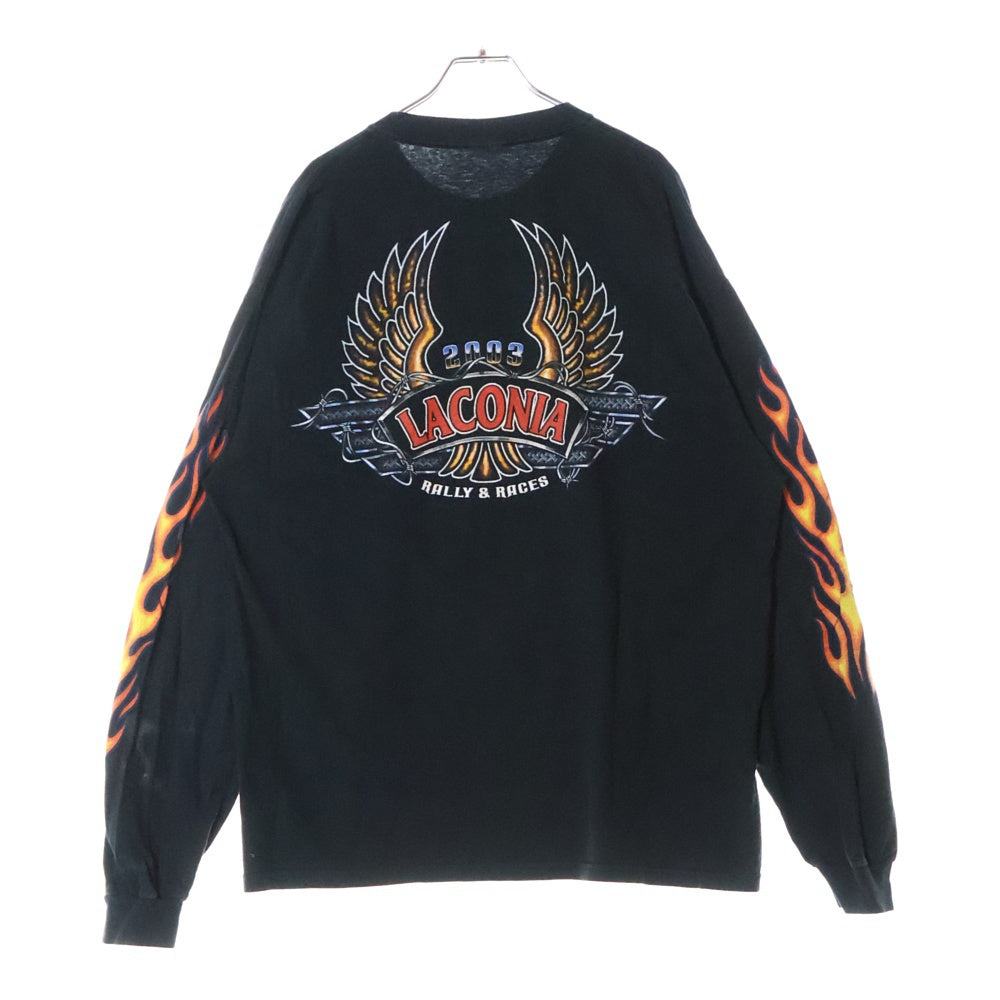 VINTAGE(ヴィンテージ) 00s LACONOA BALLY&RACES Who Let The Hogs Out L/S バイカー 袖フレイム Tシャツ 長袖カットソー ブラック