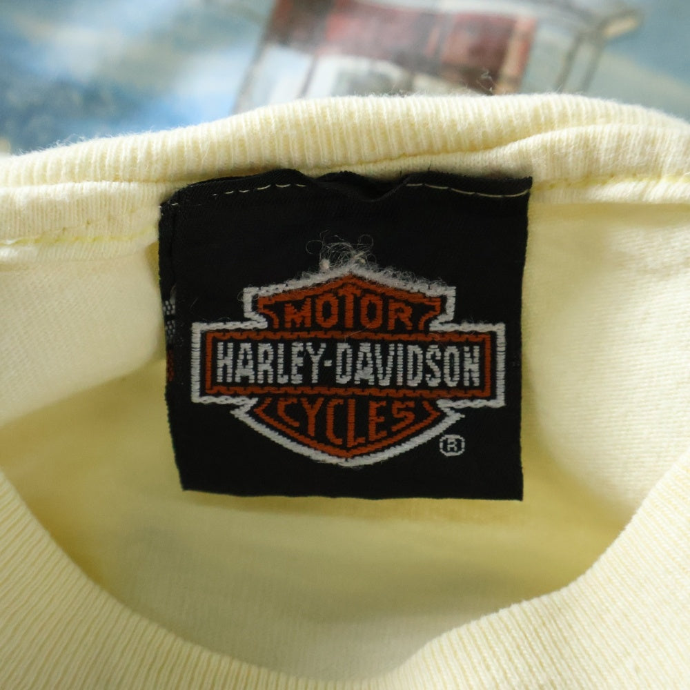 VINTAGE(ヴィンテージ) 90s HARLEY DAVIDSON FEEL THE HEAT ハーレー 両面プリント Tシャツ 半袖カットソー イエロー