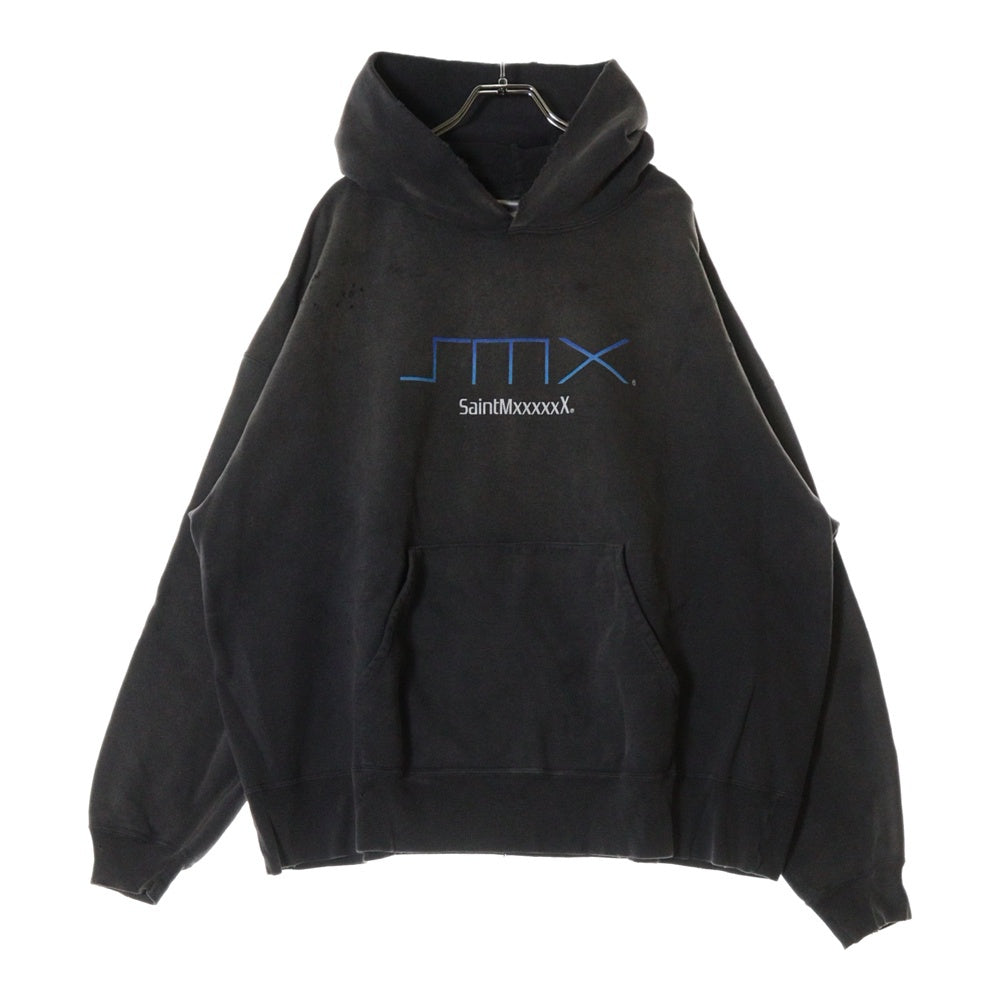 SAINT MICHAEL(セントマイケル) 25SS SMX HOODIE SM-HR8-0000-050 VINTAGEダメージ加工 フロントプリント スウェット プルオーバーパーカー ブラック