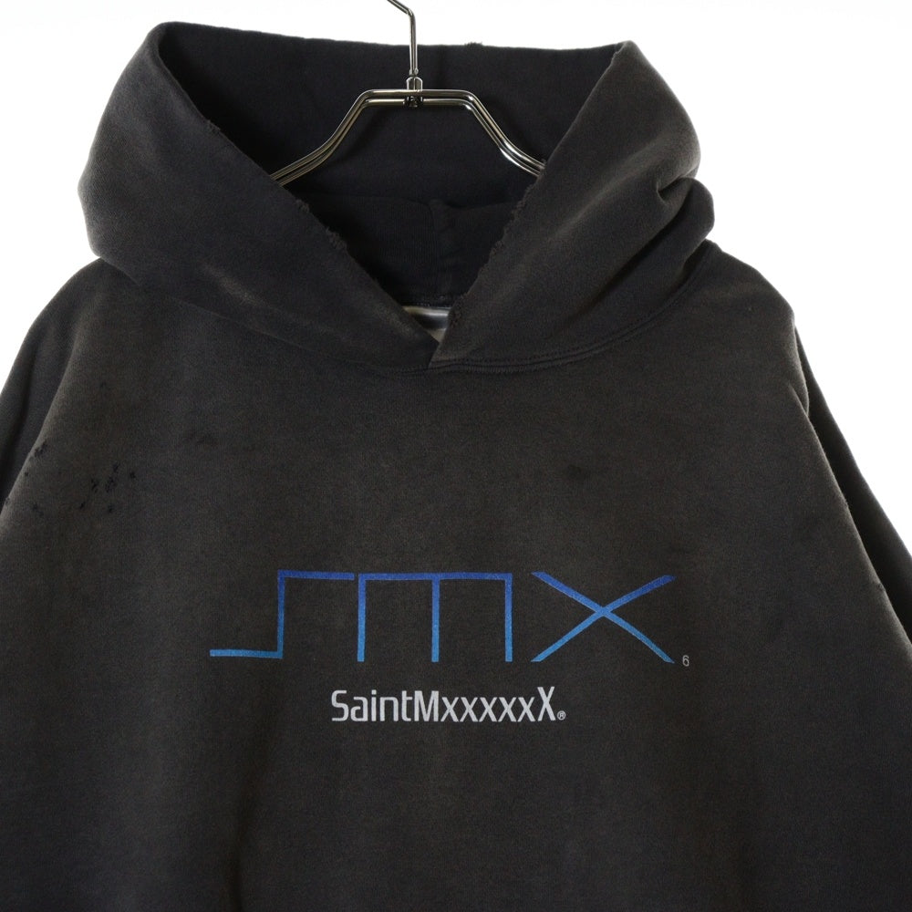 SAINT MICHAEL(セントマイケル) 25SS SMX HOODIE SM-HR8-0000-050 VINTAGEダメージ加工 フロントプリント スウェット プルオーバーパーカー ブラック