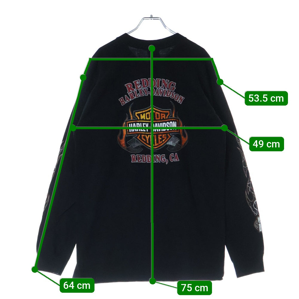 HARLEY DAVIDSON(ハーレーダビッドソン) 00s FLAMES THUNDER L/S TEE 2008 USA製 刺繍 サンダープリント 長袖Tシャツ カットソー ブラック